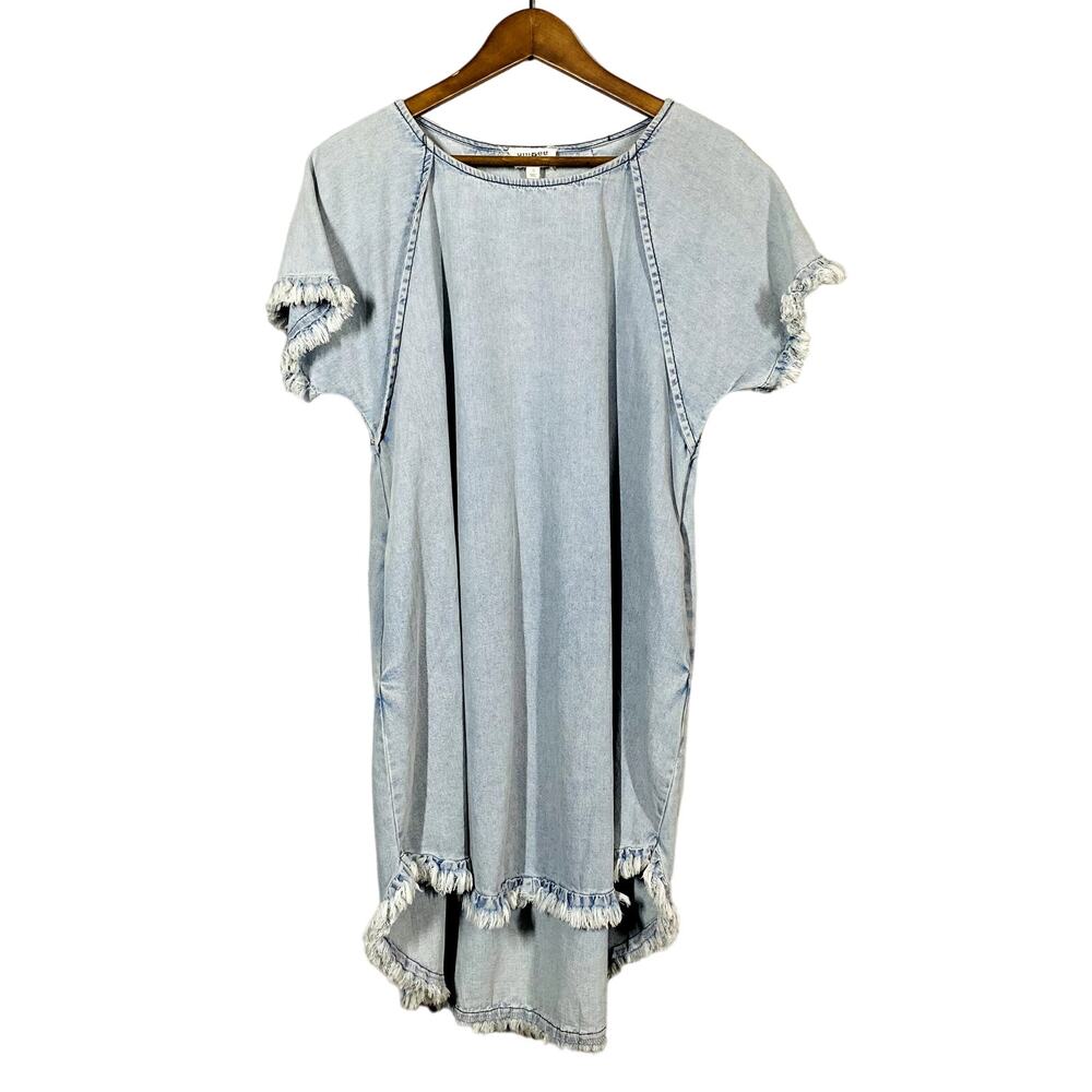 Umgee Chambray Shift Dress Cap Sleeve Hi Lo Hem Blue Fringe Casual - S